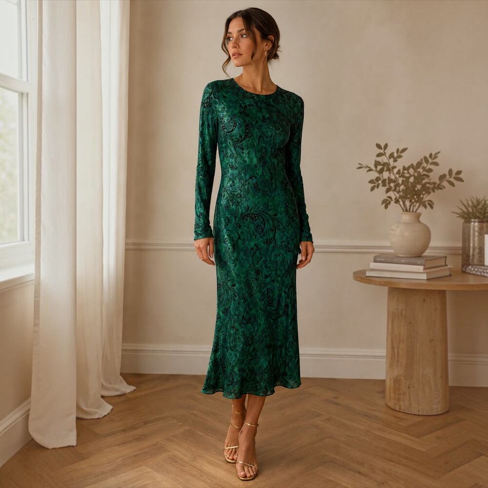 Zara Green Paisley Jacquard Midi Dress Long Sleeve Blogger Favorite 7969/268